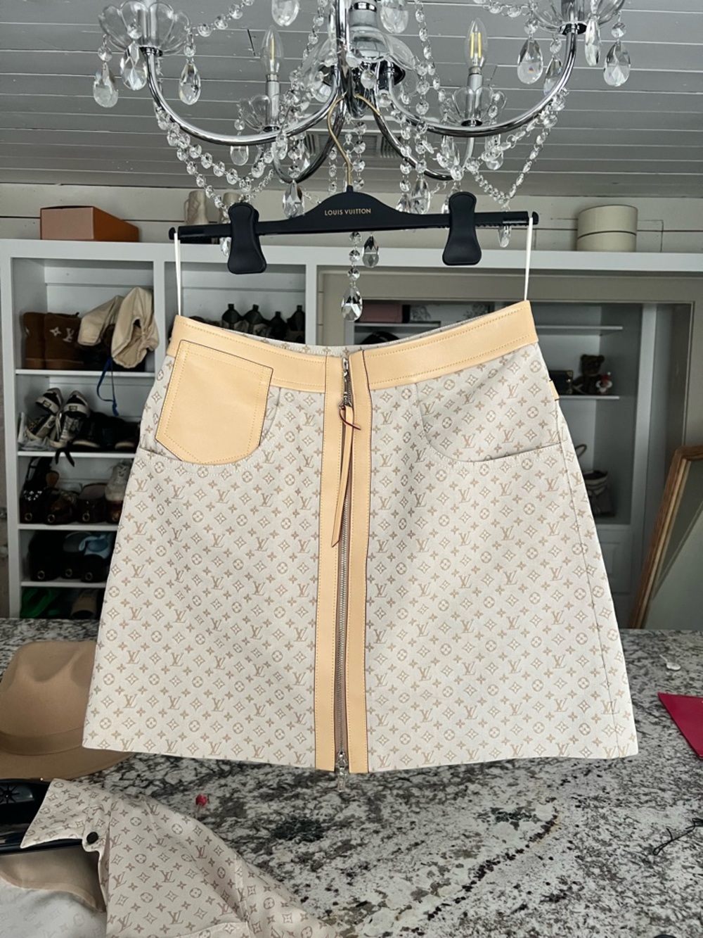 Louis Vuitton Cream Beige Monogram Mini Skirt with Front Zip
